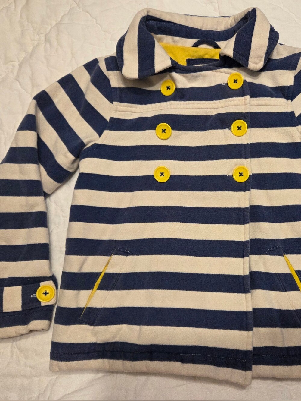 Mini Boden Nautical Stripe Knit Pea Coat | Yellow Lining & Buttons | 7-8Y